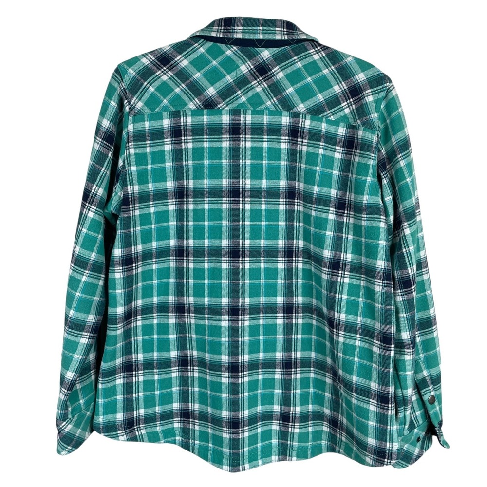 Orvis Fleece‎ Lined Shacket Shirt Jacket Womens L Green Blue Plaid Snaps Pockets - Picture 4 of 7